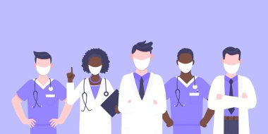 Yüz maskeli doktor ekibi. Klinik çalışanı çizimi.