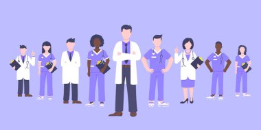 Yüz maskeli tıbbi personel doktor ekibi klinik çalışanı illüstrasyonu.