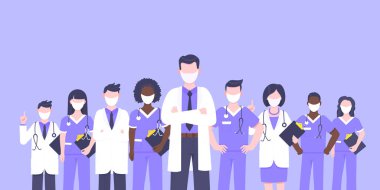 Yüz maskeli tıbbi personel doktor ekibi klinik çalışanı illüstrasyonu.