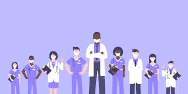 Yüz maskeli tıbbi personel doktor ekibi klinik çalışanı illüstrasyonu.