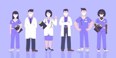 Yüz maskeli doktor ekibi. Klinik çalışanı çizimi..