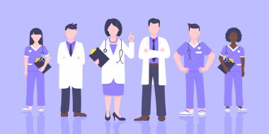 Yüz maskeli tıbbi personel doktor ekibi klinik çalışanı illüstrasyonu.