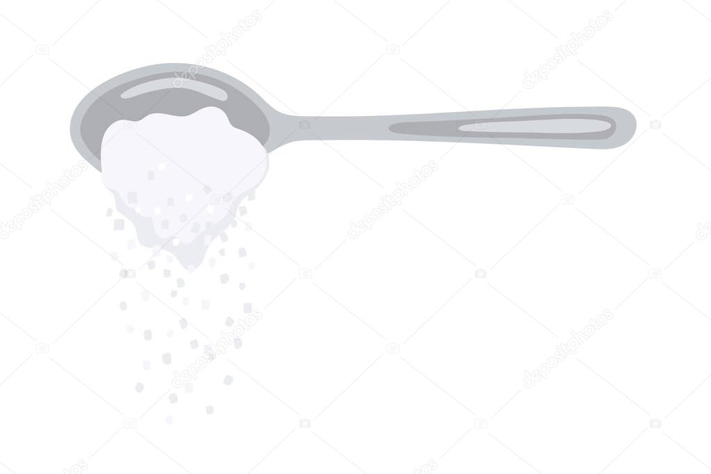 Pouring sugar spoon full of powder crystals of salt or sugar vector illustration.