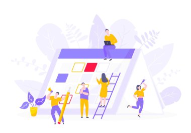 Takvim planını, insanların iş konseptini, düz stil tasarım vektörü illüstrasyonunu kontrol et.