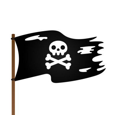 Jolly Roger kafatasına sahip korsan bayrağı ve düz stil tasarım vektörü çizimi,