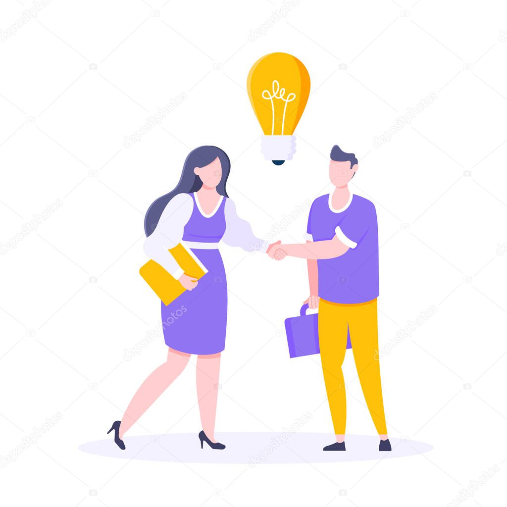 Two people shaking hands together and have an idea flat style design vector illustration.