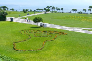 Lima Miraflores District Maria Reiche park görünümü, Peru. Pasifik Okyanusu'na bakan bitkiler ünlü Nazca çizgilerini çağrıştırıyor..