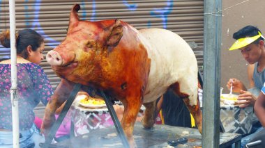 Cuenca/Ricaurte, Ekvador - 31 Mart 2019: Büyük bütün kavrulmuş domuz kısmen derisiz Cuenca'daki açılan pazarda satışta. Ekvador'da geleneksel yemekler