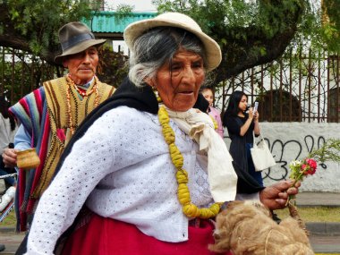 Cuenca, Ekvador - 21 Eylül 2019: Killa Raymi 'nin kutlanması veya Cuenca' daki Andean ay festivali. Geleneksel geçit törenine katılan köyden yaşlı bir çift. 