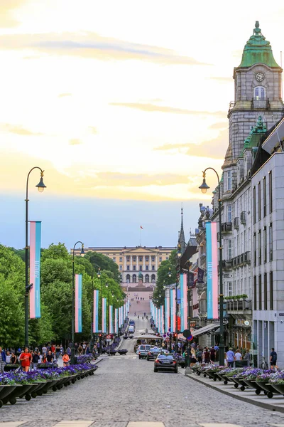 Oslo Noruega Junho 2018 Estrada Principal Cidade Oslo Através Palce — Fotografia de Stock