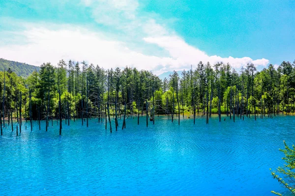 Der Blaue Teich Außerhalb Der Stadt Shirogane Onsen Ist Nach — Stockfoto