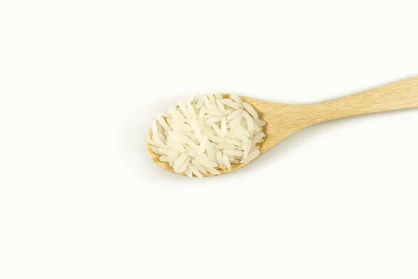 Arroz Sobre Cuchara Madera Sobre Fondo Blanco — Foto de Stock