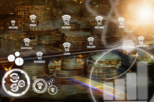 Double exposure of city or connection with 5G network and rows of coins for Online Payment and Smart communication concept