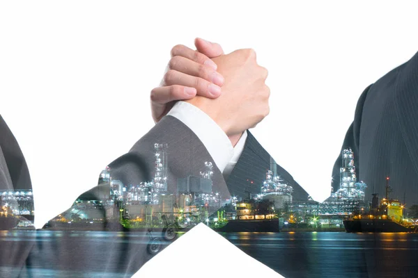 Double Exposure Business People Gripping Hands Power Plant Shipping Boat — Stock Photo, Image