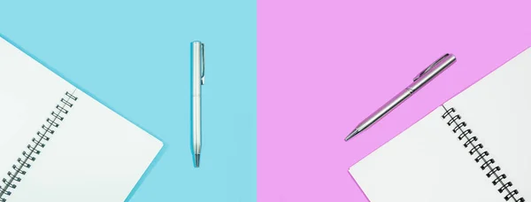Cuaderno Blanco Con Bolígrafo Sobre Fondo Azul Claro Rosa Concepto — Foto de Stock