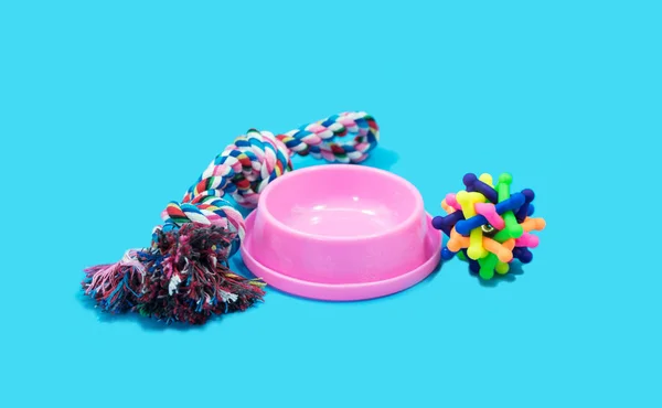 Pet Accessories Concept Rope Bowls Rubber Toy Blue Background — Stock Photo, Image