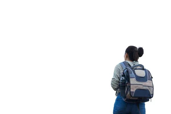 Voyageur Femme Avec Sac Dos Sur Fond Blanc Isolé — Photo