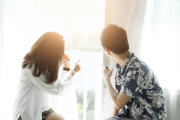 Couple Love Looking Window Morning — Stock Photo, Image