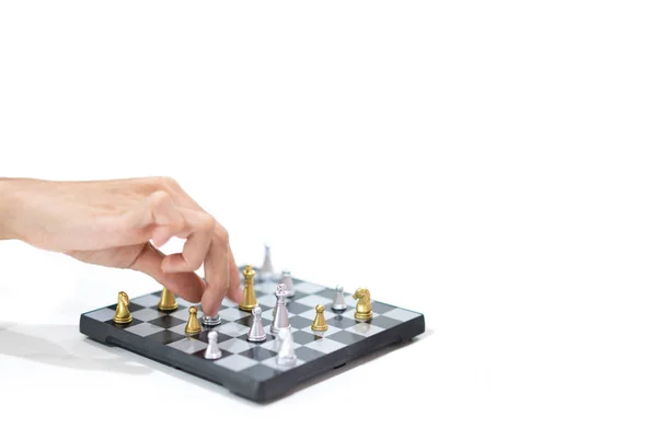 Hand Moving Small Chess White Background Small Business Concept — Stock Photo, Image