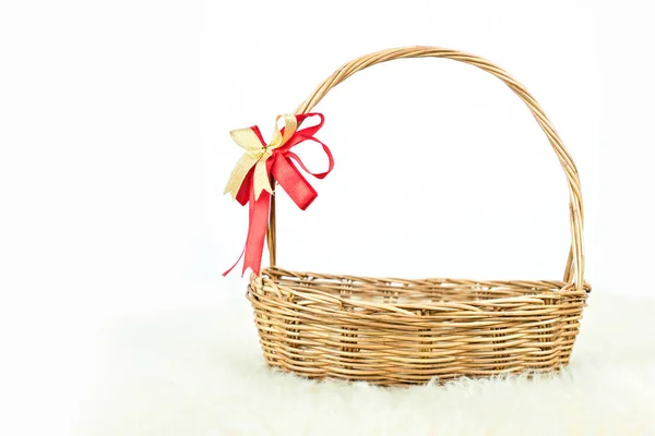 Empty Wicker Basket Red Gold Ribbon Isolated White Background — Stock Photo, Image