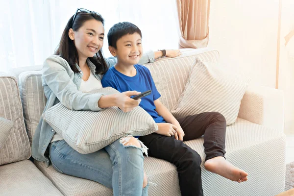 Happy Family Time Mother Son Relaxing Living Room Home — Stock Photo, Image