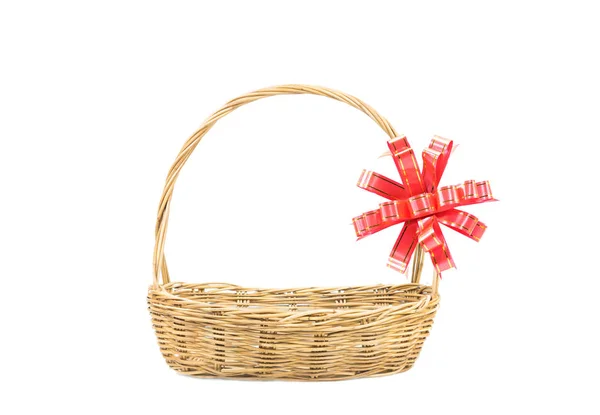 Empty Wicker Basket Red Gold Ribbon Isolated White Background — Stock Photo, Image