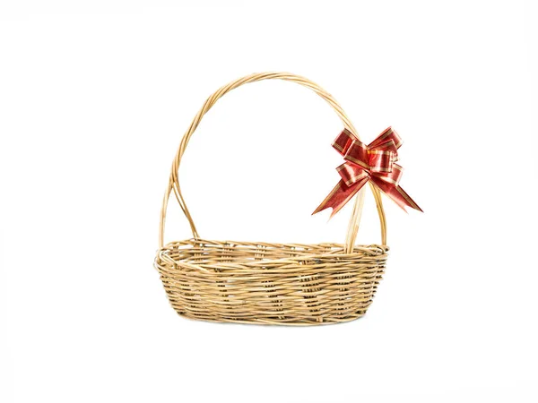 Empty Wicker Basket Red Gold Ribbon Isolated White Background — Stock Photo, Image