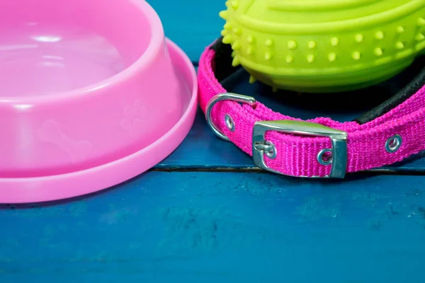 Pet supplies concept.  Pet bowl and collars with toy on wooden background