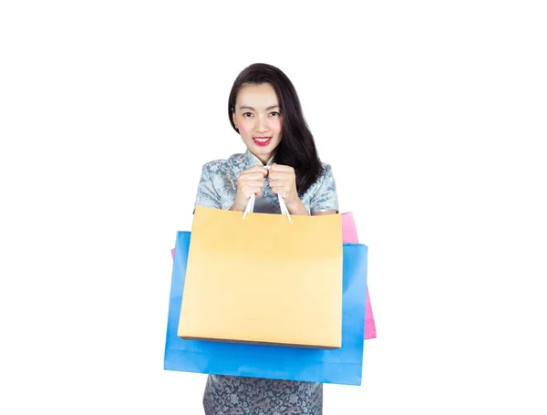 Azjatyckich Kobiet Zakupy Chiński Nowy Rok Białym Tle — Zdjęcie stockowe