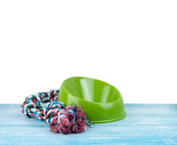 Pet Toy Plastic Bowl Copy Space Wooden Table Pet Accessories — Stock Photo, Image