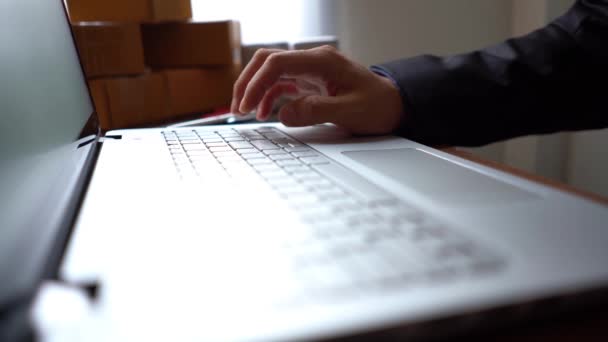 Mão Masculina Digitação Laptop Para Trabalhar Line — Vídeo de Stock