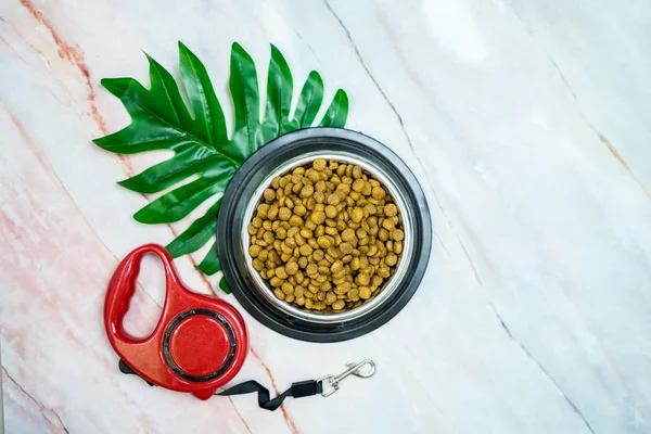 Dry food and pet supplies for dog or cat concept