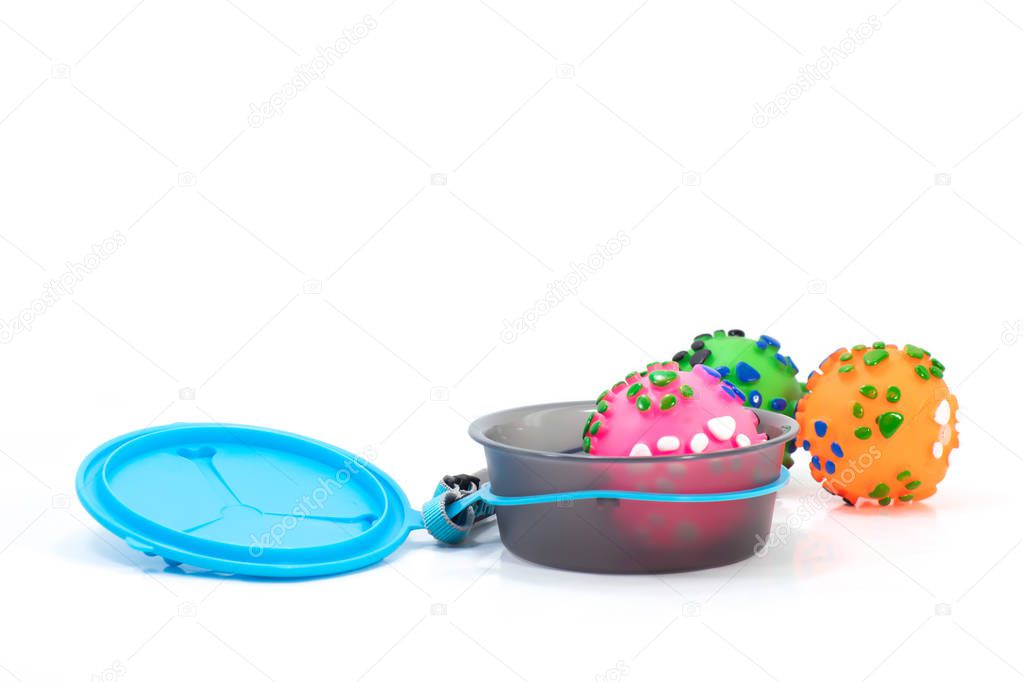 Pet accessories concept.  Pet bowl with dry food and toy 