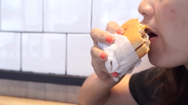 Tangan Wanita Memegang Hamburger Untuk Makanan Cepat Saji — Stok Video