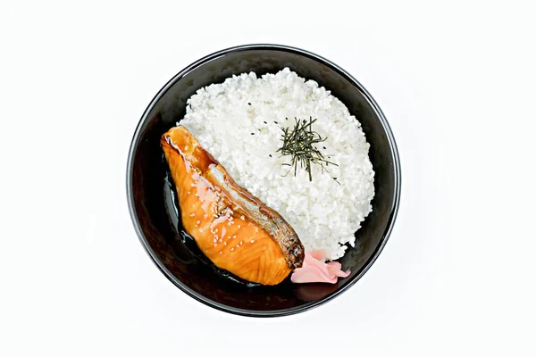 Japońskie Jedzenie Łosoś Ryżem Misce Białym Tle — Zdjęcie stockowe
