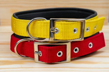 Evcil hayvan tasmaları tahta arka planda evcil hayvan için istiflenir