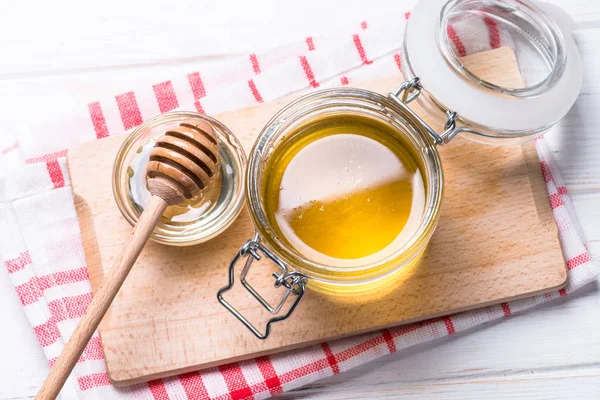 Natural Honey Honey Glass Jar Dipper White Background Top View — Stock Photo, Image