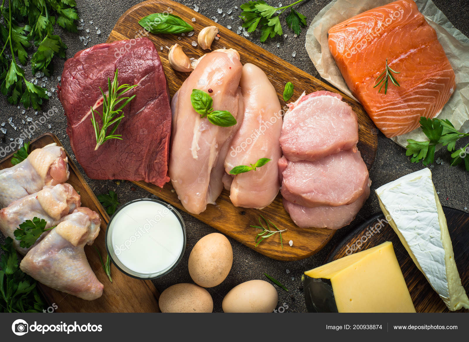 Animal Protein Sources Meat Fish Cheese And Milk Stock Photo animal-protein-sources-meat-fish-cheese-and-milk-stock-photo