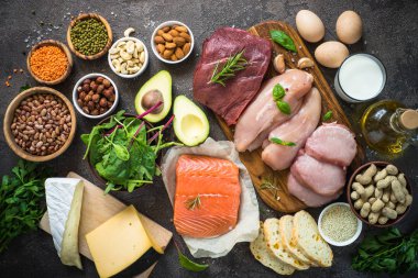 Protein kaynağı - et, balık, peynir, fındık, fasulye ve Yeşiller.