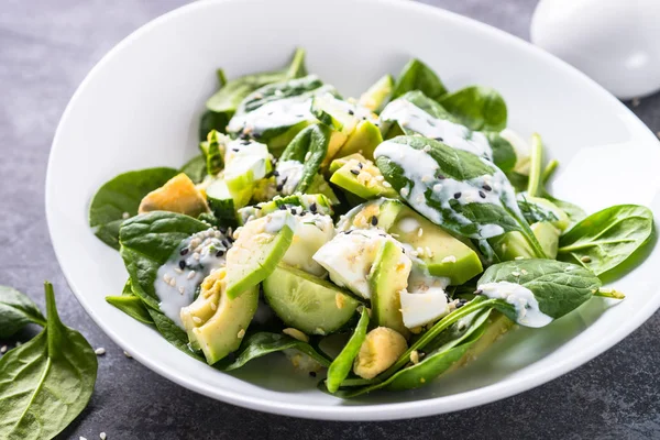 Salade verte avec avocat, oeuf d'épinards et concombre . — Photo