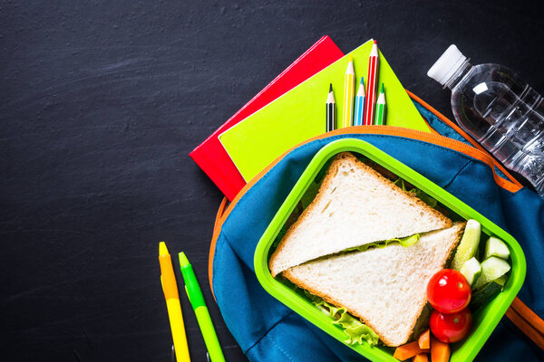 Back to school concept. Lunch box, stationery and backpack.