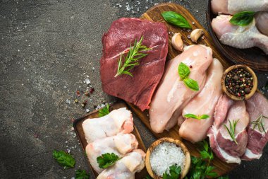 Taze et çeşitler - sığır eti, domuz eti, tavuk.