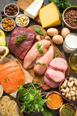 Protein kaynağı - et, balık, peynir, fındık, fasulye ve Yeşiller.