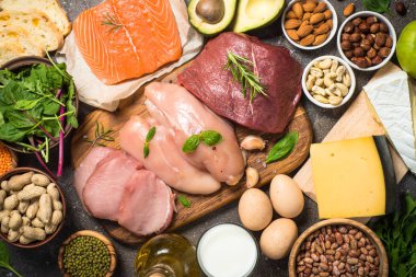 Protein kaynağı - et, balık, peynir, fındık, fasulye ve Yeşiller.