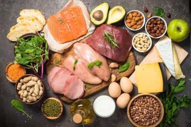 Protein kaynağı - et, balık, peynir, fındık, fasulye ve Yeşiller.