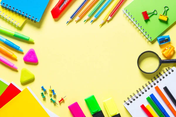 School and office sstationery on yellow background. — Stock Photo, Image