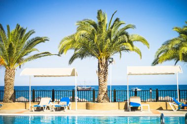 Tropikal Otel plaj avuç içi havuzu ve longue.