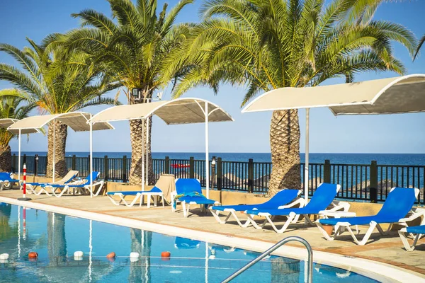 Tropical hotel beach pool palms and longue. — Stock Photo, Image