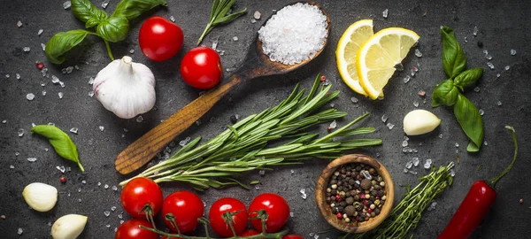 Food cooking background on black top view. — Stock Photo, Image