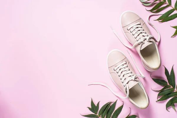 Woman fashion pink shoes on pink background. — Stock Photo, Image